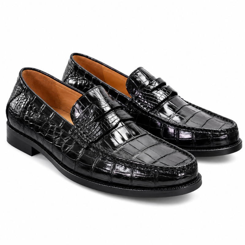 Men’s Crocodile-Embossed Penny Loafers – Black