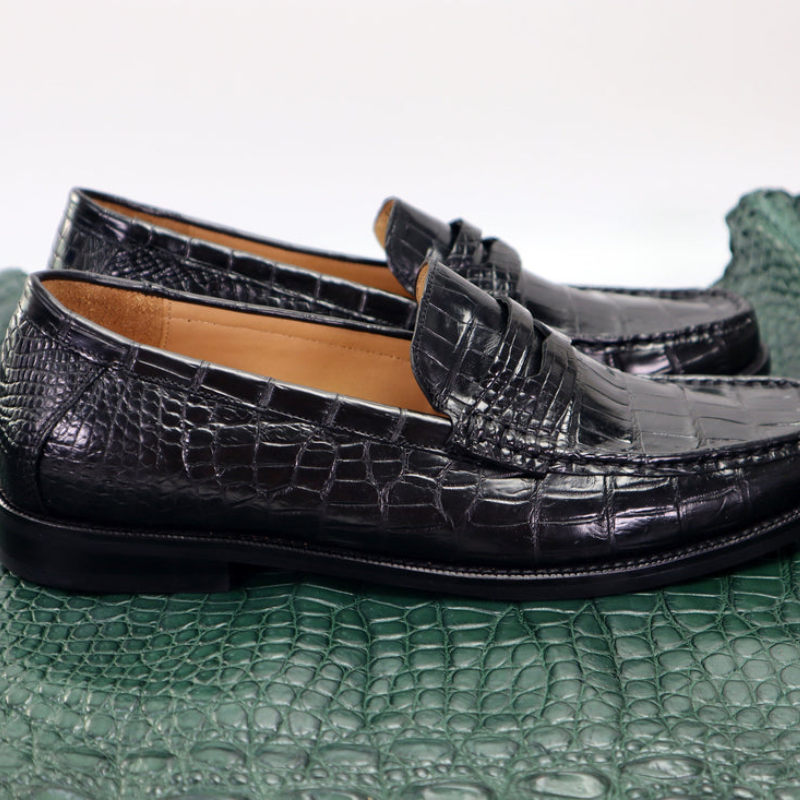 Men’s Genuine Leather Crocodile-Embossed Penny Loafers – Black