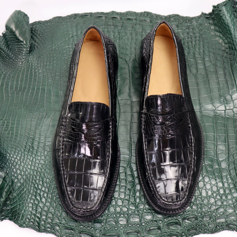 Men’s Genuine Leather Crocodile-Embossed Penny Loafers – Black