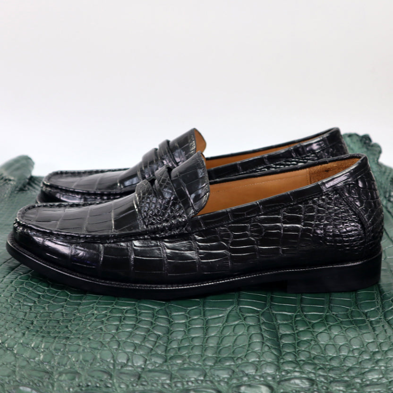 Men’s Genuine Leather Crocodile-Embossed Penny Loafers – Black
