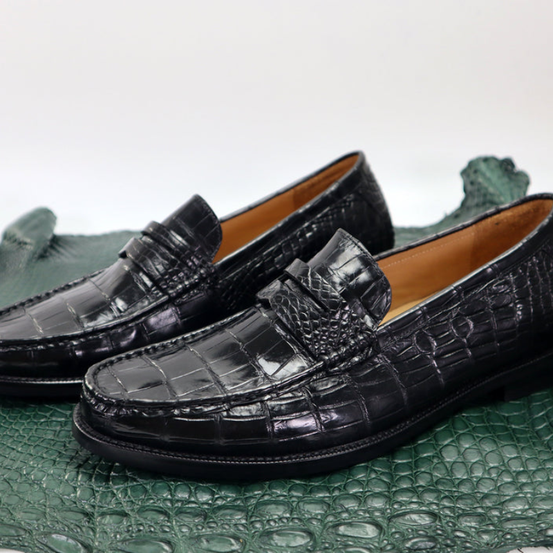 Men’s Genuine Leather Crocodile-Embossed Penny Loafers – Black