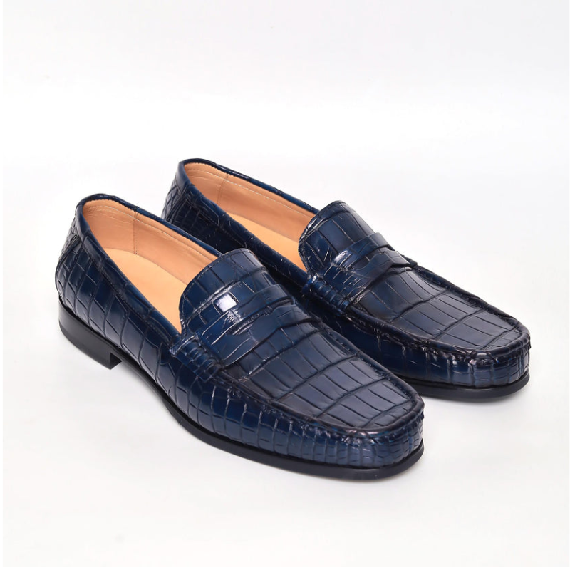 Men’s Genuine Leather Crocodile-Embossed Penny Loafers – Black