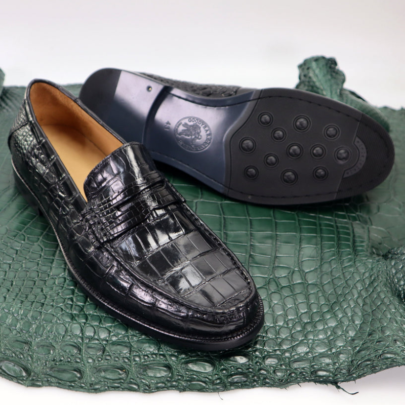 Men’s Genuine Leather Crocodile-Embossed Penny Loafers – Black