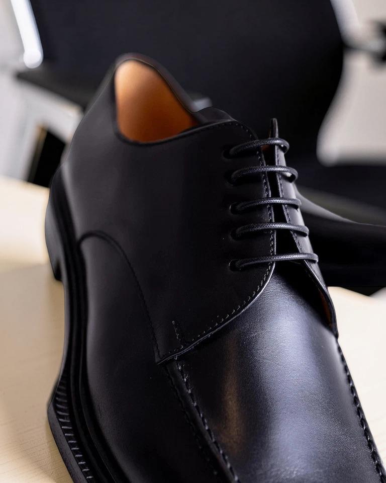 Mens Handmade Black Leather Shoe Bespoke Derby Square Toe New Dress Shoes