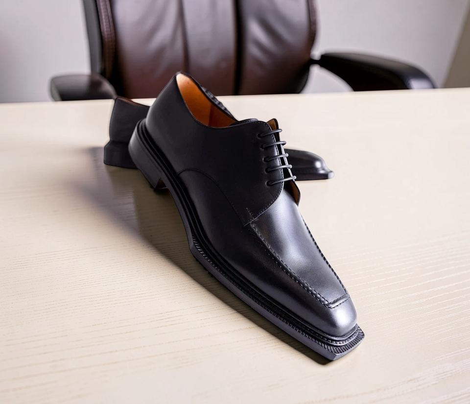 Mens Handmade Black Leather Shoe Bespoke Derby Square Toe New Dress Shoes