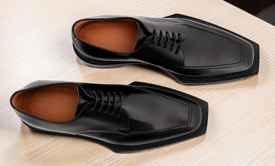 Mens Handmade Black Leather Shoe Bespoke Derby Square Toe New Dress Shoes