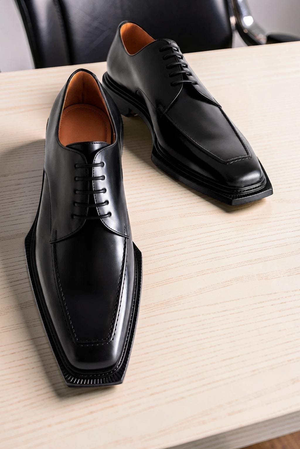 Mens Handmade Black Leather Shoe Bespoke Derby Square Toe New Dress Shoes